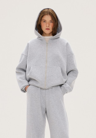 Basic grey melange fleece-lined zip-up hoodie